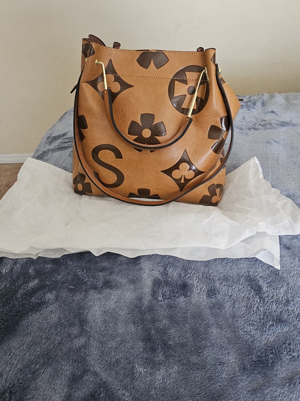 Designer-Style Tan Floral Tote Bag